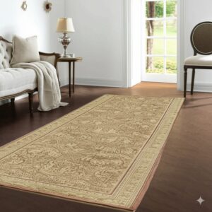 Low-pile tan runner rug with traditional floral design on dark wood in a sunny living room.