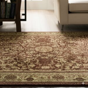 Detailed reddish-brown and beige traditional rug placed on light hardwood floors near a bookshelf and cream sofa.