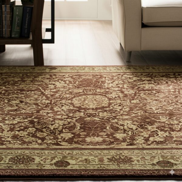 Detailed reddish-brown and beige traditional rug placed on light hardwood floors near a bookshelf and cream sofa.