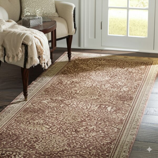 A rust and beige traditional runner rug rests on dark wood flooring near a cream armchair.