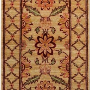 Traditional tan runner rug featuring large red and pink floral motifs and a diamond lattice border.