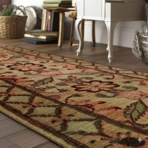Tan and red floral runner on wood plank flooring beside a white antique table and baskets of books.