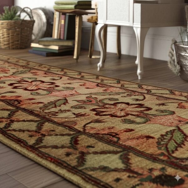 Tan and red floral runner on wood plank flooring beside a white antique table and baskets of books.