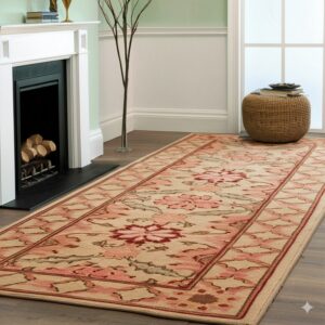 A floral beige and pink runner rug runs alongside a white fireplace and a woven pouf on wood floors.