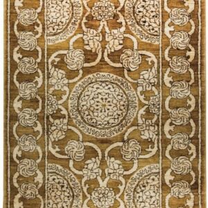 Ornate runner rug featuring repeating medallions and floral details in olive gold and cream.