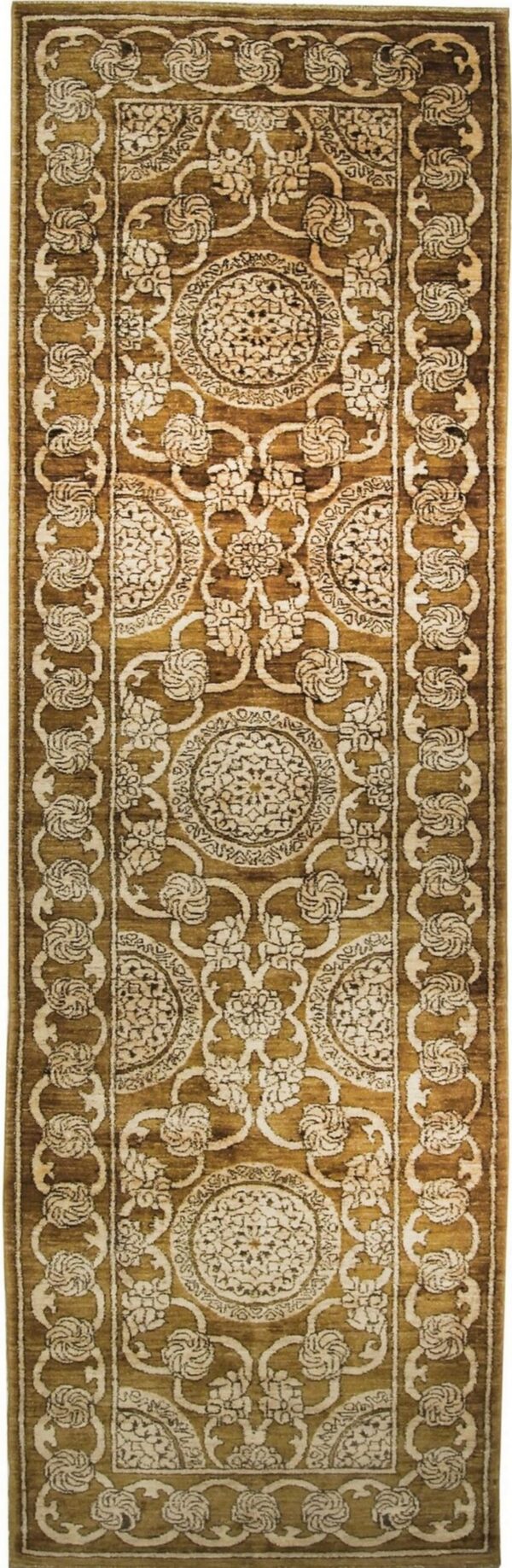 Ornate runner rug featuring repeating medallions and floral details in olive gold and cream.