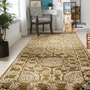 High-pile olive runner rug with detailed white medallion patterns in a brightly lit room.