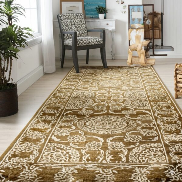 High-pile olive runner rug with detailed white medallion patterns in a brightly lit room.