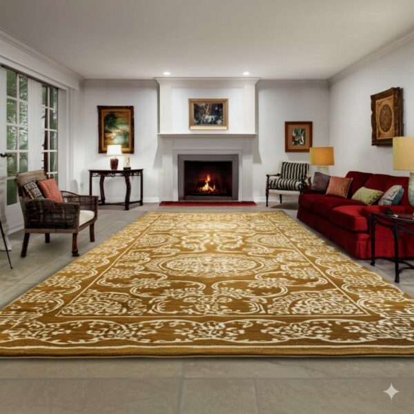 Gold and cream ornate rug defines a bright living room featuring a red sofa and fireplace.