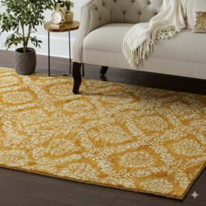 Mustard yellow rug with cream floral damask pattern on dark wood floor beneath a beige sofa.