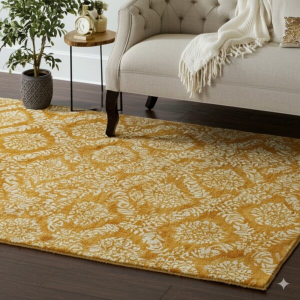 Mustard yellow rug with cream floral damask pattern on dark wood floor beneath a beige sofa.