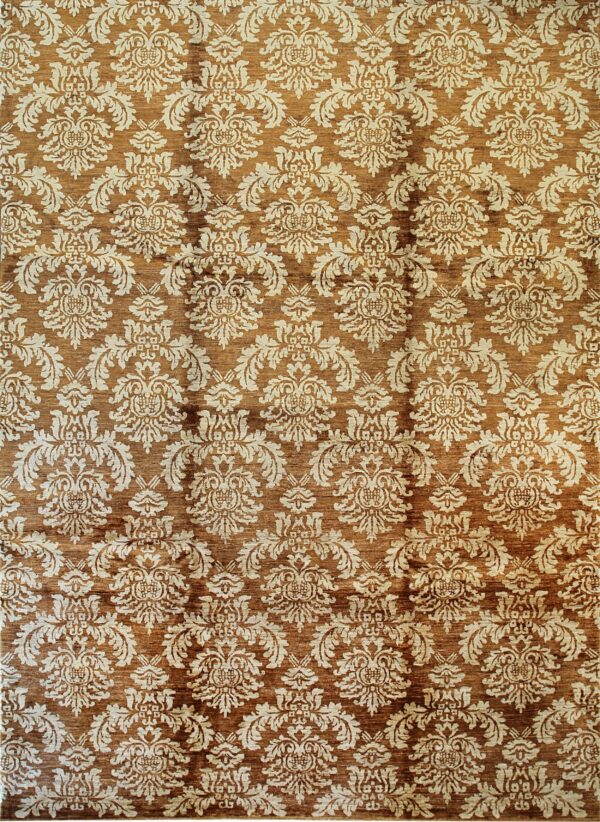 Repeating cream traditional motifs cover a textured brown rug surface.