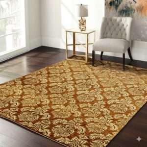 A gold and rust floral patterned area rug covers dark wood flooring next to a tufted armchair and side table.