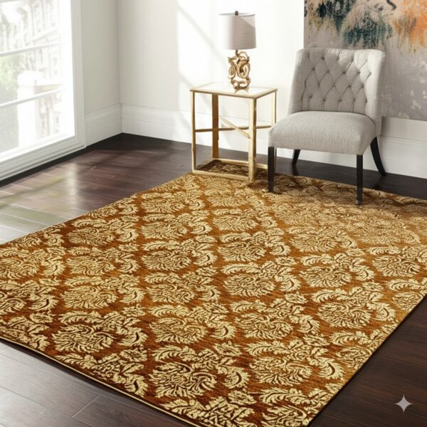 A gold and rust floral patterned area rug covers dark wood flooring next to a tufted armchair and side table.