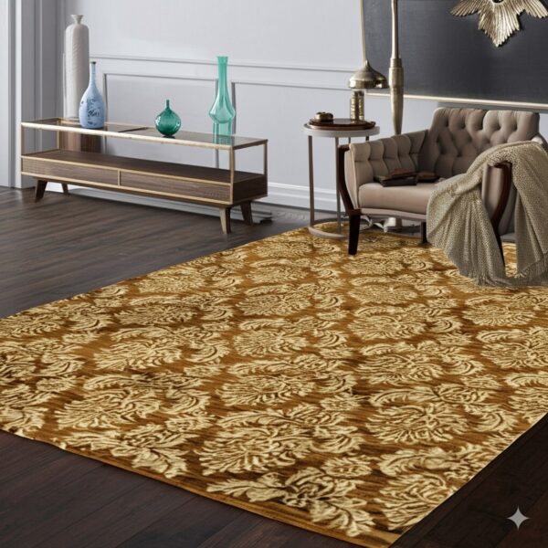 Ornate gold and brown carved-look rug covers dark wood floors beneath a tufted armchair in an elegant room.