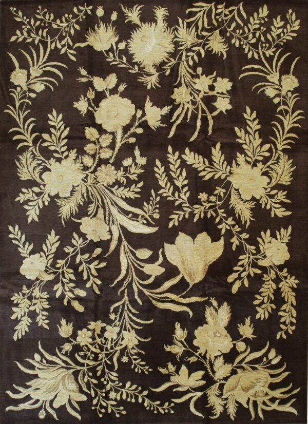 Dark brown rug featuring an elaborate, high-contrast pattern of gold floral sprays and scrolling leaves.