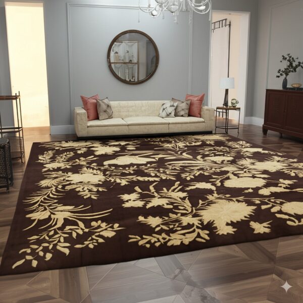 Dark brown and light beige floral rug on geometric wood flooring in front of a cream sofa.