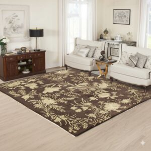 Dark brown rug featuring a large-scale cream floral and botanical pattern on pale wood flooring.