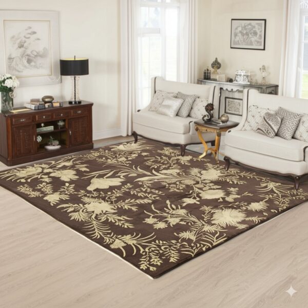 Dark brown rug featuring a large-scale cream floral and botanical pattern on pale wood flooring.