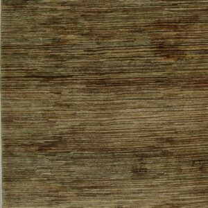Textured rug with horizontal striations in shades of olive green, dark brown, and tan.