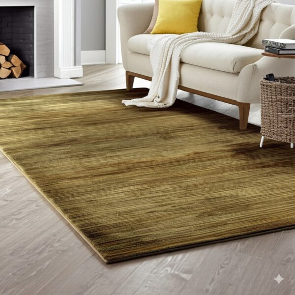 Golden brown striated rug anchors a living room with a fireplace and light-colored tufted sofa.