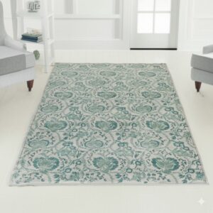 Ornate light teal floral rug over white plank flooring, flanked by gray upholstered chairs.