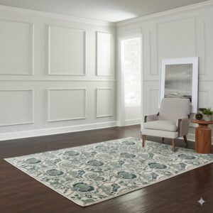 A low-pile cream rug patterned in teal and sage sits on dark wood floors near a light gray armchair.