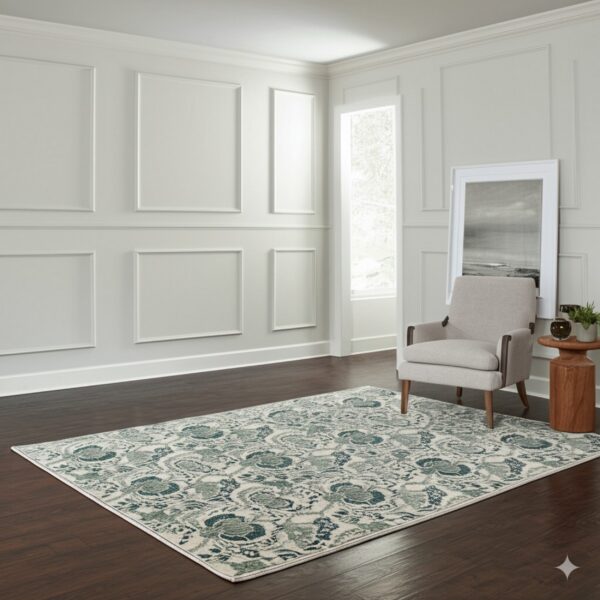 A low-pile cream rug patterned in teal and sage sits on dark wood floors near a light gray armchair.
