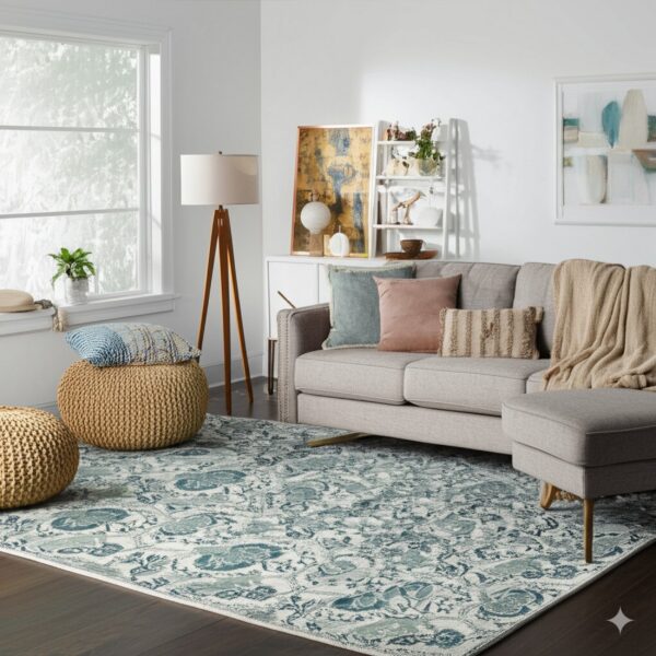 A distressed cream and blue patterned rug anchors a living room with dark floors and a gray sectional sofa.