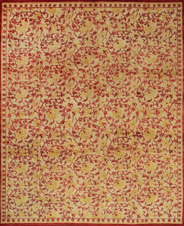 Beige rug featuring dense red and yellow floral vines, framed by a crimson border with repeating motifs.
