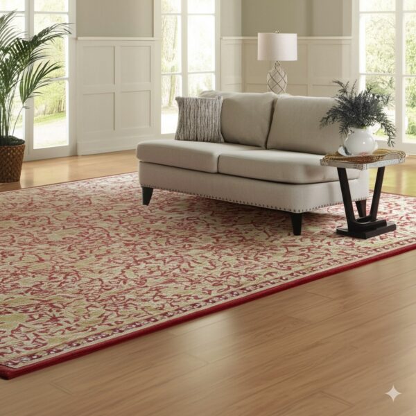 Red and tan low-pile rug with ornate pattern grounding a beige sofa in a sunlit living room.