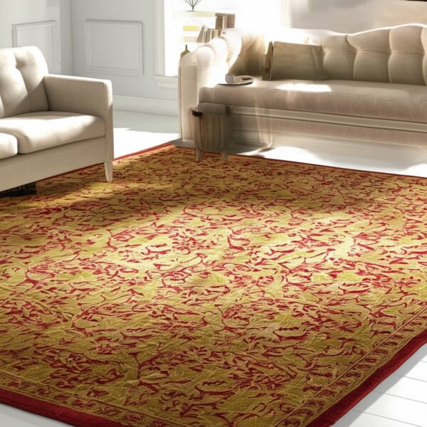 Gold and red abstract patterned rug under beige seating in a bright living room with white paneled walls.