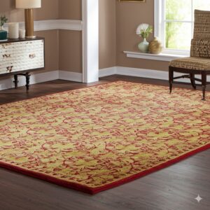 Yellowish-green and red patterned rug on dark wood flooring in a room with tan walls and a window.