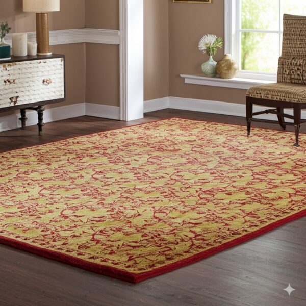 Yellowish-green and red patterned rug on dark wood flooring in a room with tan walls and a window.