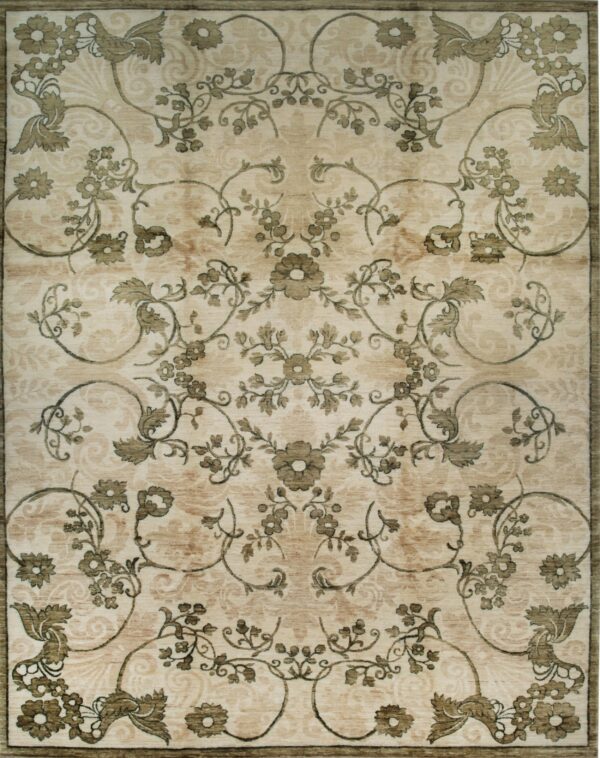 Cream and beige traditional rug with a distressed symmetrical pattern of olive green floral medallions and vines.