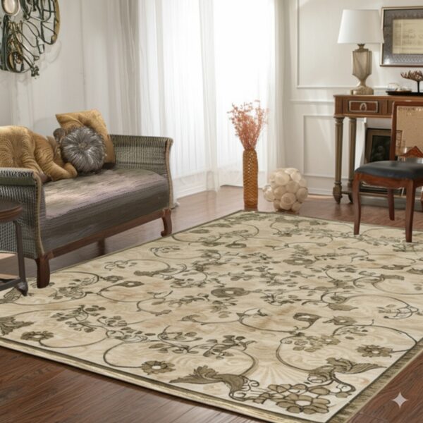 A beige area rug with a taupe scrolling floral pattern lies on dark wood floors in a bright room.