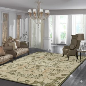 Light beige floral rug on dark flooring beneath traditional taupe furniture and a sparkling crystal chandelier.