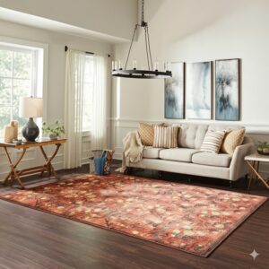 Rust and yellow patterned rug anchors a bright living room with dark floors and a light beige sofa.