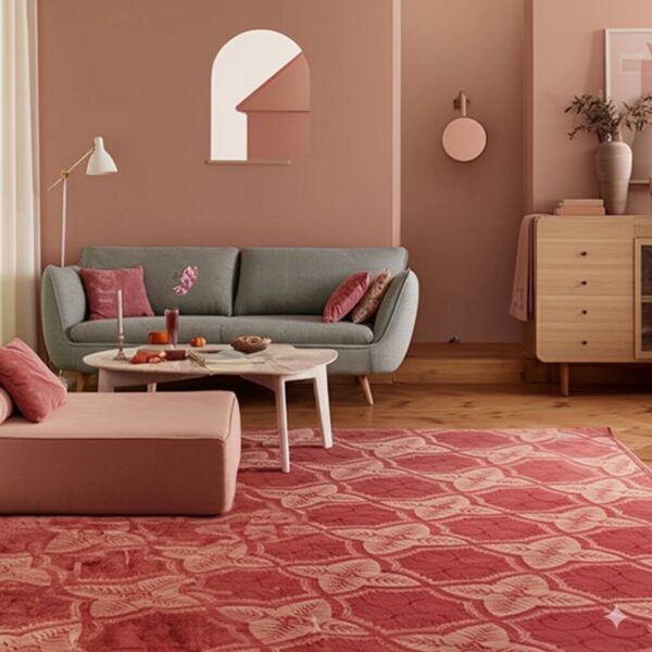 Reddish-pink rug with a carved leaf pattern on wood floors in a pink and gray living space.