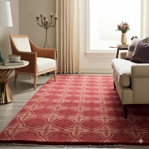 A red and beige quatrefoil patterned rug covers gray wood flooring beneath light upholstered furniture.