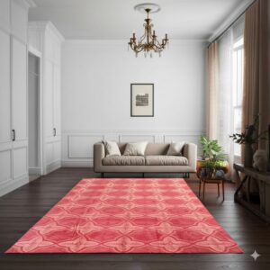 A bright pink rug with an ornate trellis pattern rests on dark flooring beneath a light beige sofa.