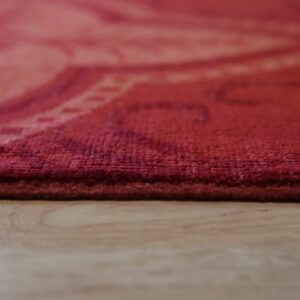 A deep red low pile rug edge rests on light wood planks, showing a subtle tonal pattern.