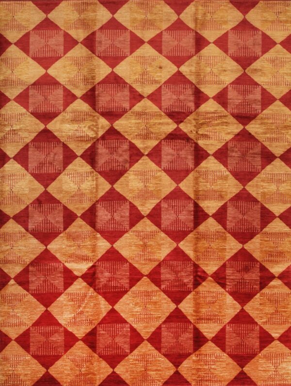 Low-pile rug patterned with repeating red and gold geometric diamonds featuring inner striped designs.