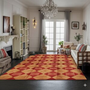 Red and gold geometric diamond rug anchoring a formal living room with white walls and dark flooring.