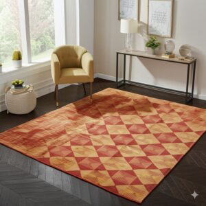 A low-pile orange and yellow geometric diamond rug rests on dark wood flooring next to a mustard armchair.