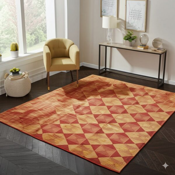 A low-pile orange and yellow geometric diamond rug rests on dark wood flooring next to a mustard armchair.
