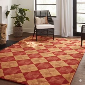 Red and tan diamond-patterned rug on dark wood floor, styled with a woven chair and houseplant.