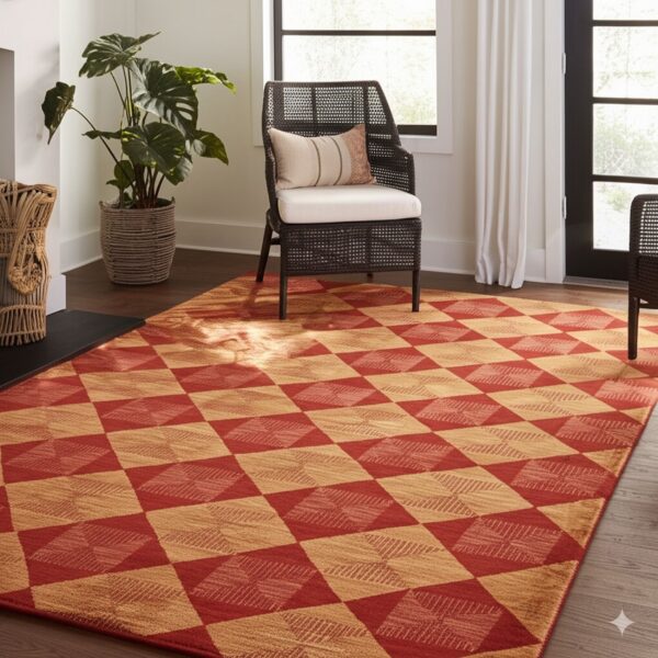 Red and tan diamond-patterned rug on dark wood floor, styled with a woven chair and houseplant.