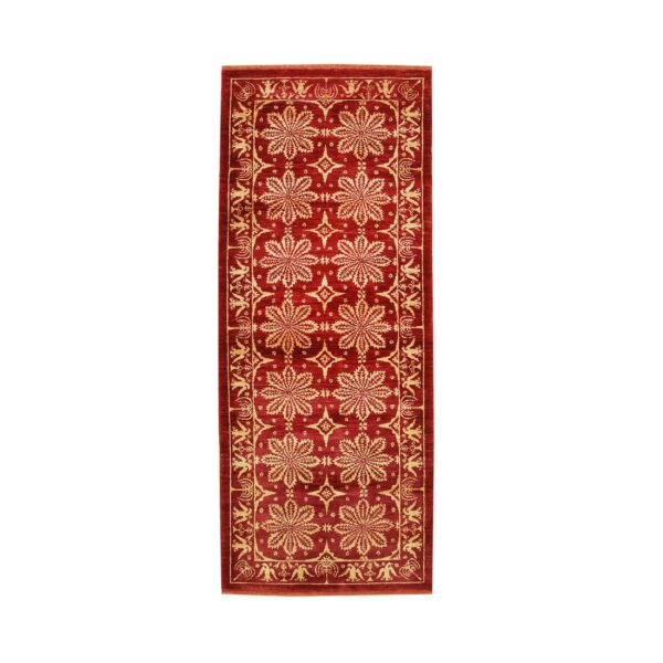 Red and gold runner rug with repeating central star-like motifs and decorative borders against a white background.