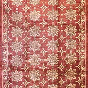 Red and cream pile rug featuring a dense pattern of large floral medallions and a detailed pictorial border.